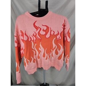 Aqua Blue Womens Flame Sweater, Coral Orange Red White, Over Sized Medium M